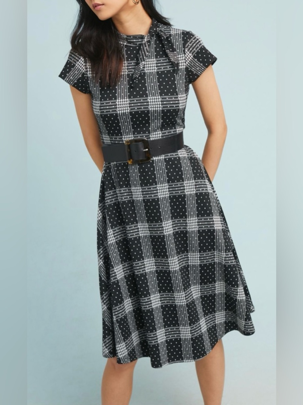 Maeve Anthropologie Zoe Plaid Mixed Print Tie Neck Fit Flare Dress Preppy Small